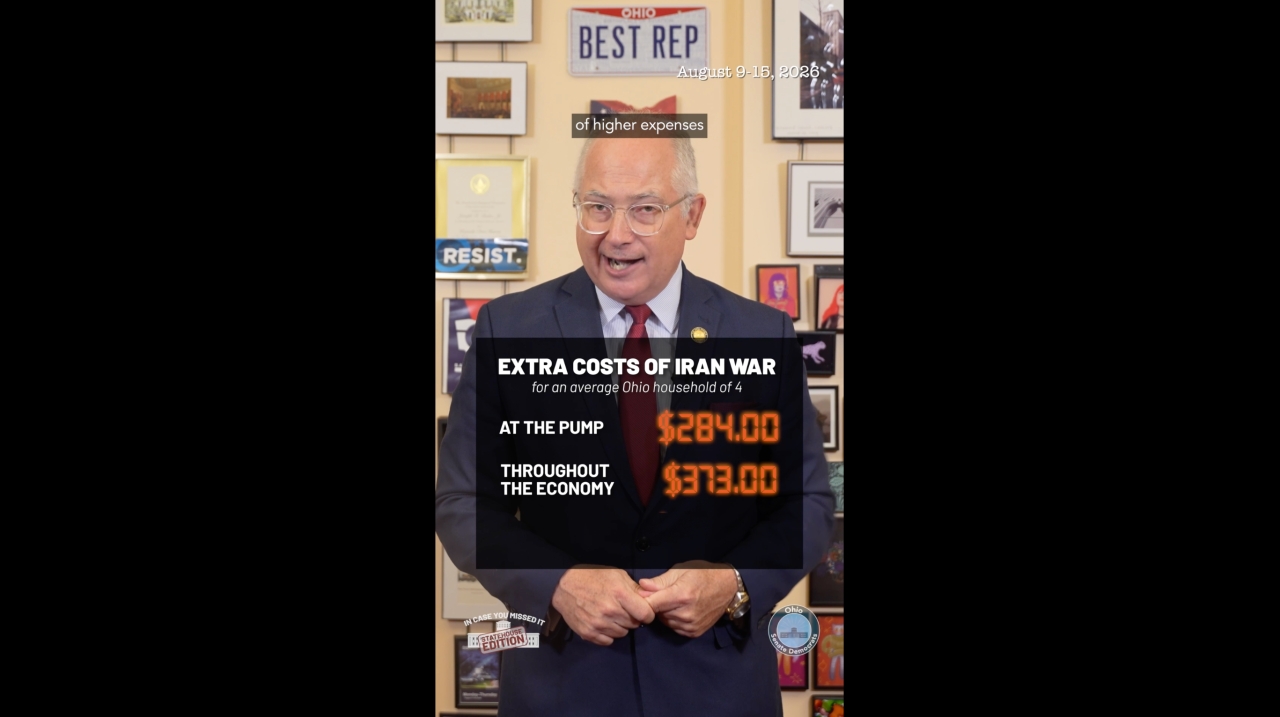 Senator Kent Smith with a graphic showing the extra costs to Ohioans created by the Iran War