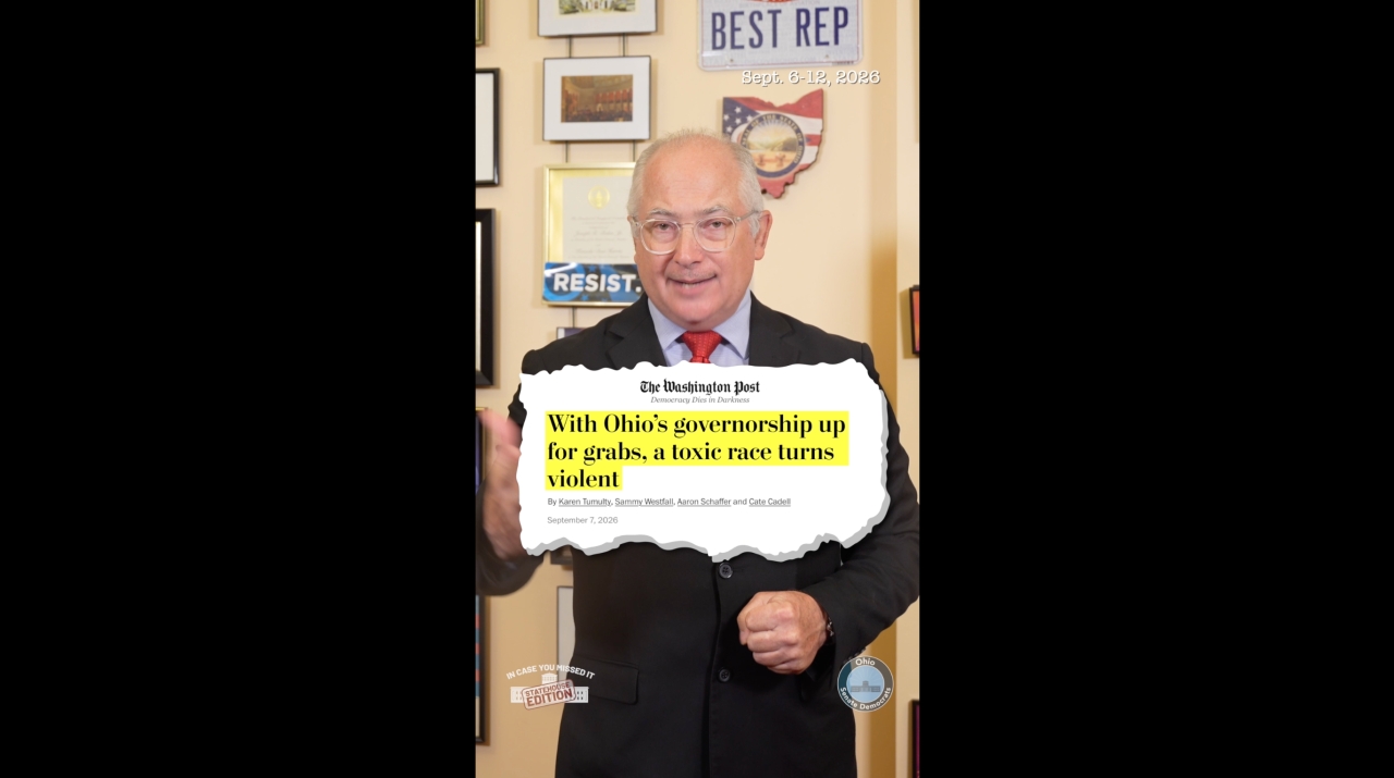 Senator Kent Smith with a graphic of a Washington Post headline that reads, "With Ohio's governorship up for grabs, a toxic race turns violent."