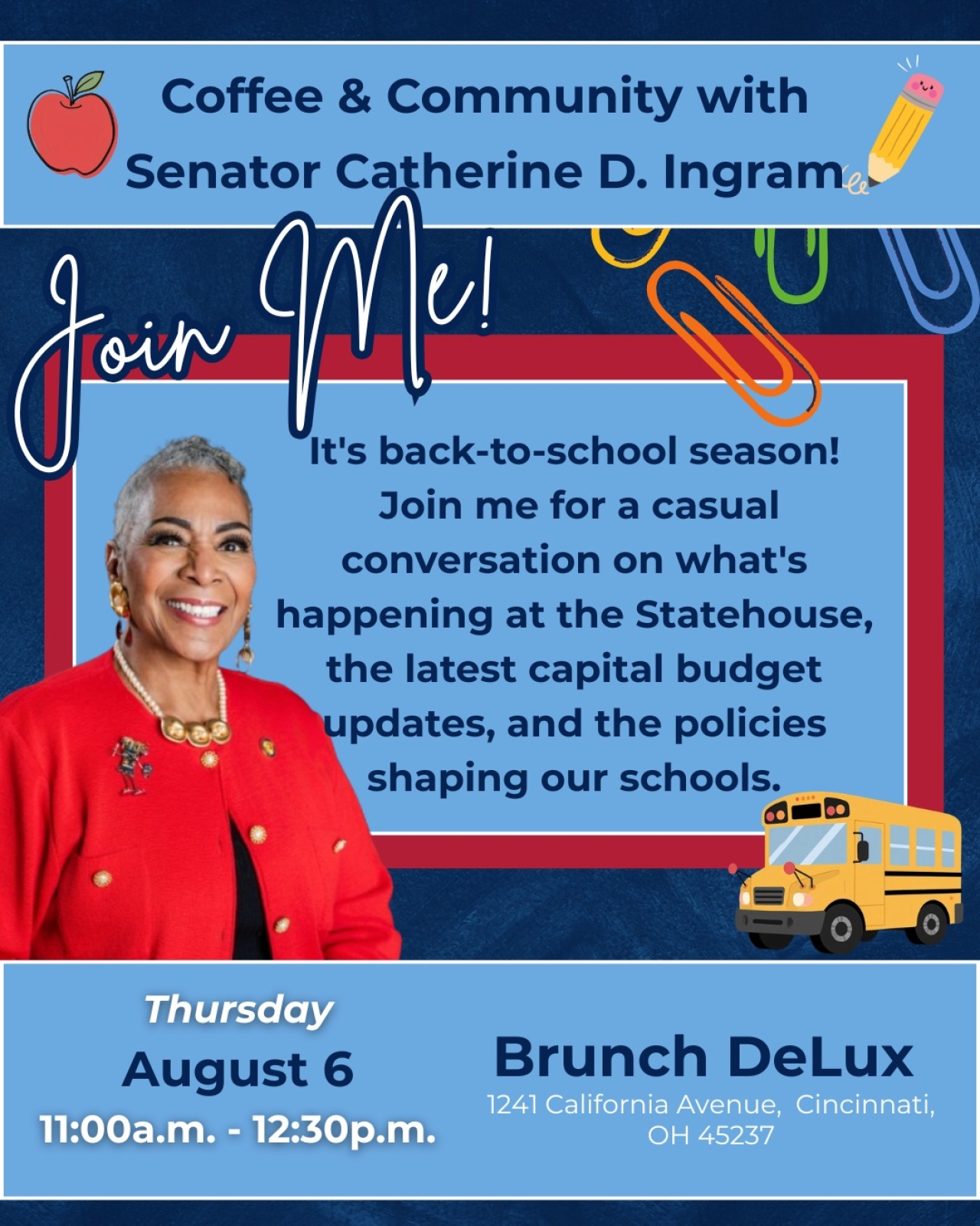 Flyer for Senator Ingram's Coffee and Community event featuring her Senate headshot.