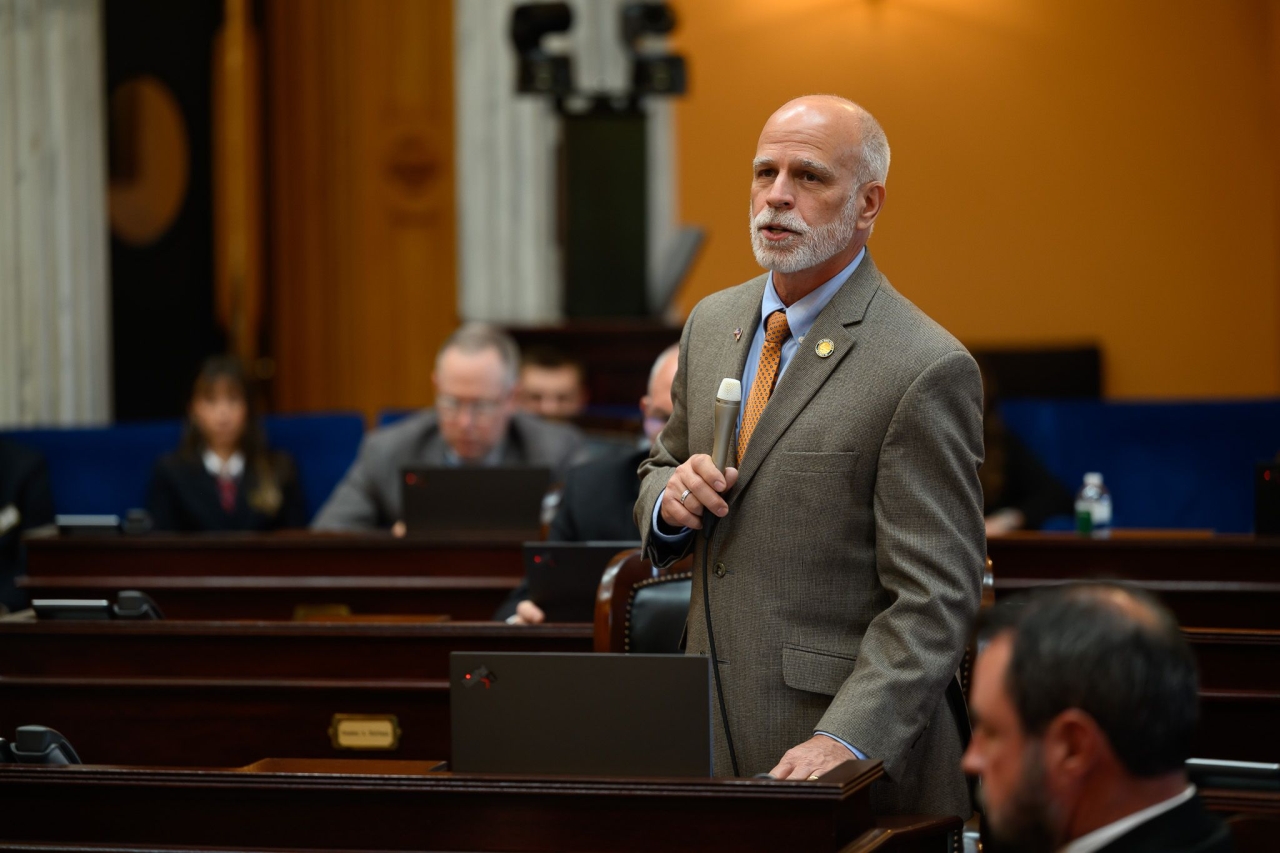 Senator Koehler speaking in the Senate chamber.