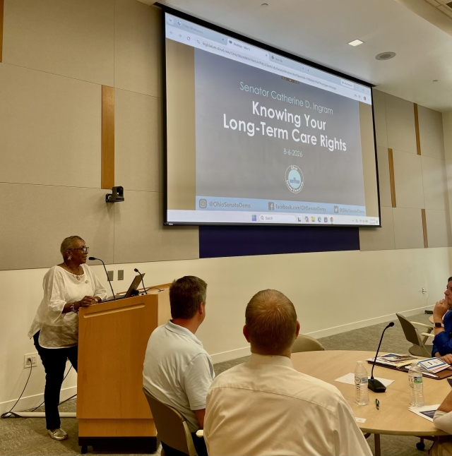 Senator Ingram presenting a slideshow titled "Knowing Your Long-Term Care Rights"